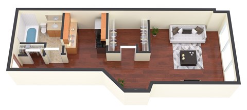 an overhead view of a room with a bedroom and a living room